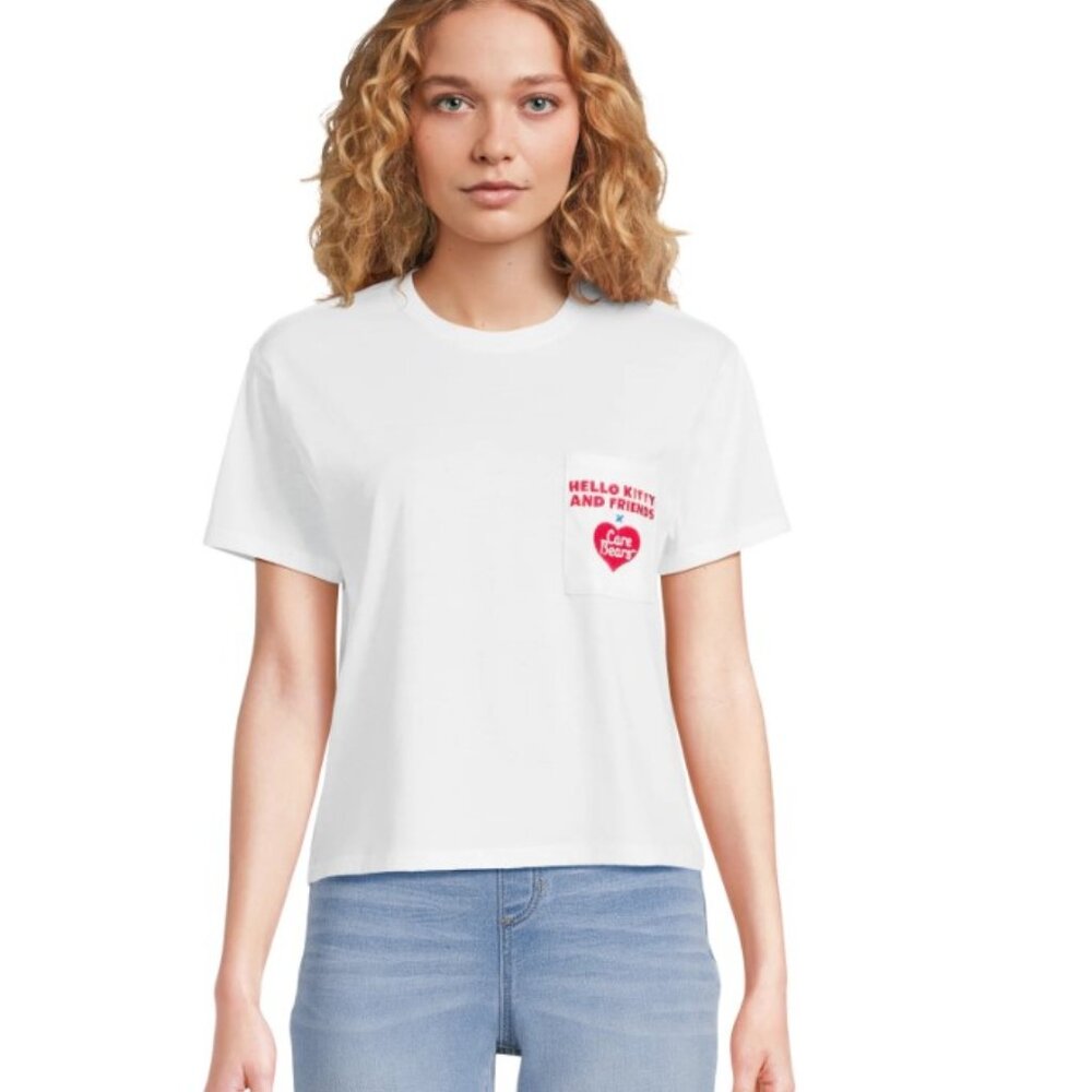 NEW White Jr Sz Large 11/13 Casual Wear HELLO KITTY & CARE BEARS Cropped Top